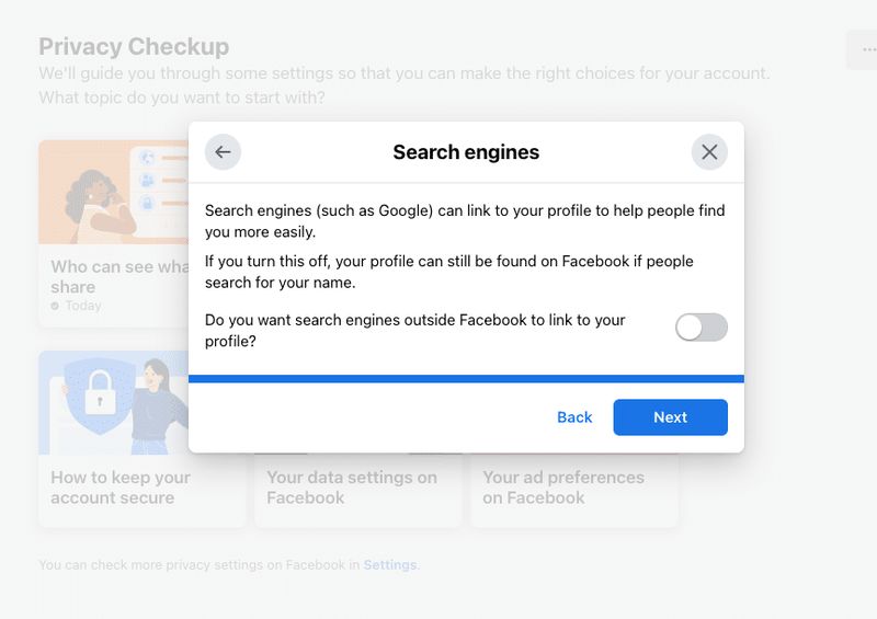 Facebook Privacy - turn of Search Engine Spidering and SEO