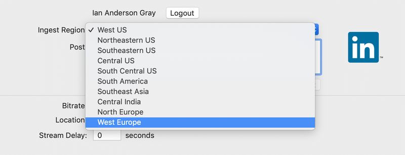 Ingest Region for LinkedIn in Wirecast