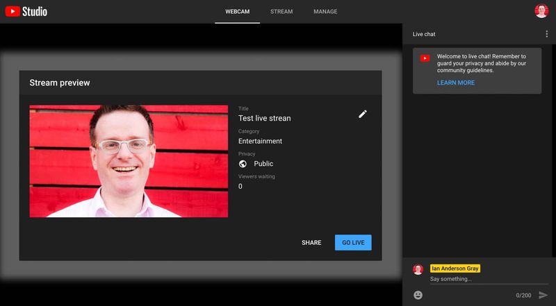 Stream live with your webcam to YouTube Live